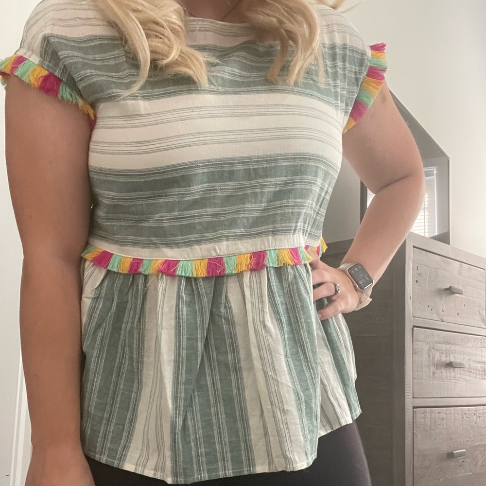 Soft linen green and white striped top with confetti fringe